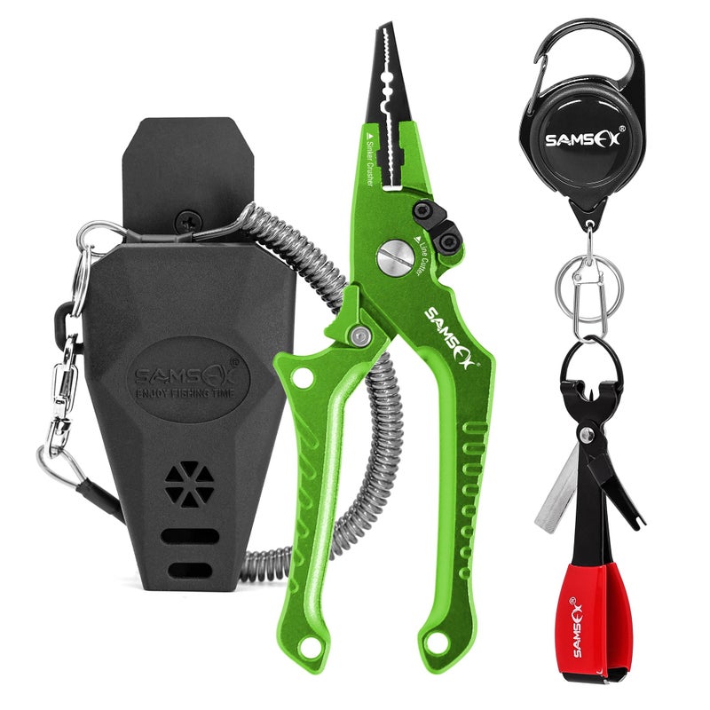 SAMSFX Aluminum Fishing Pliers Hook Remover Braid Line Cutter with Coiled Lanyard, Fly Fishing Knot Tying Tool & Retractors (Green Handle, Split Ring Nose) - Image 1